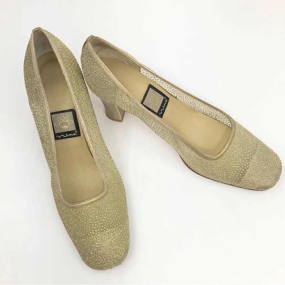 Nina Gold Glitter Sheer Side Square Toe Special Occasion Block Heel Shoes